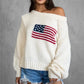 Off Shoulder American Flag Knit Sweater for Women Long Sleeve Oversized Fit Casual Streetwear Pullover for Fall Winter