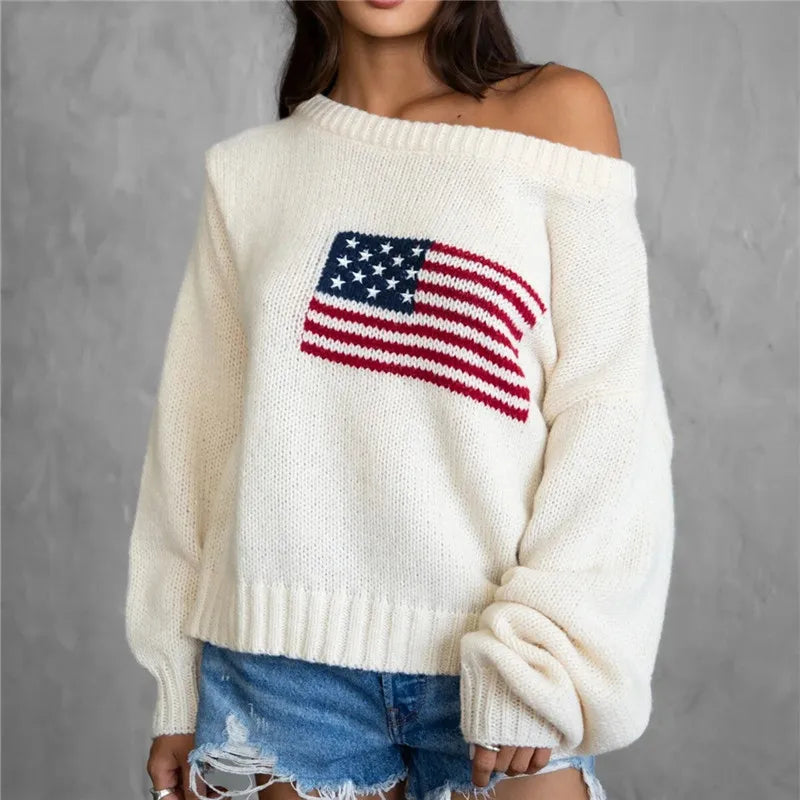 Off Shoulder American Flag Knit Sweater for Women Long Sleeve Oversized Fit Casual Streetwear Pullover for Fall Winter