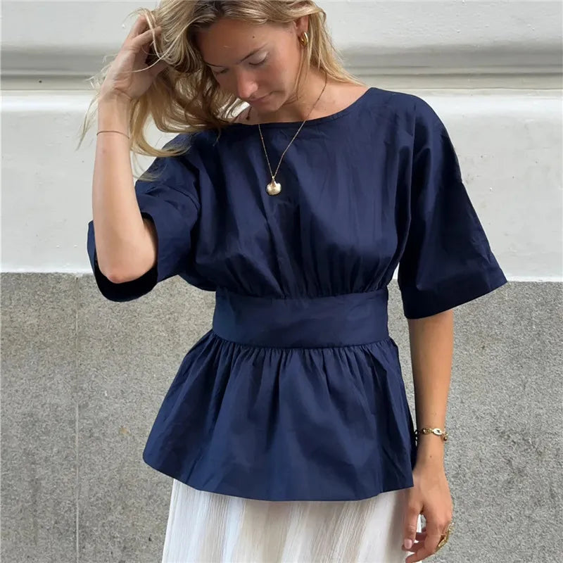 Backless Bow Tie Waist Ruffle Hem Top Women Short Sleeve Crew Neck Peplum Blouse Y2K Casual Summer Party Club Streetwear