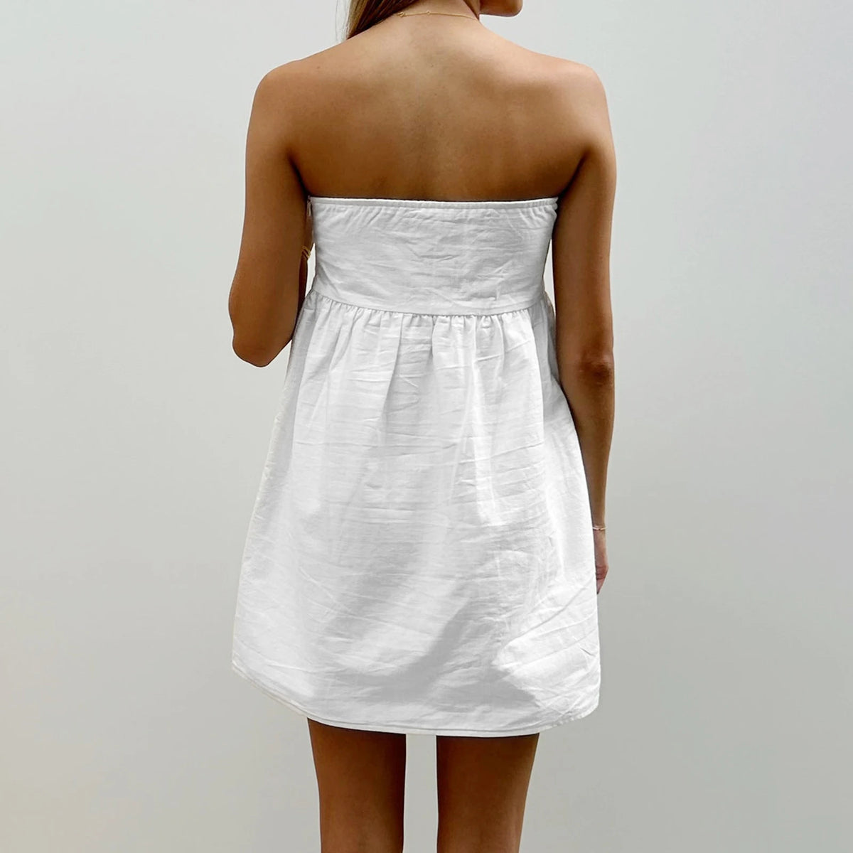 Vintage Y2K Inspired Women Strapless Linen Babydoll Dress A Line Flared Hem Tube Top Sundress for Casual Summer Outings