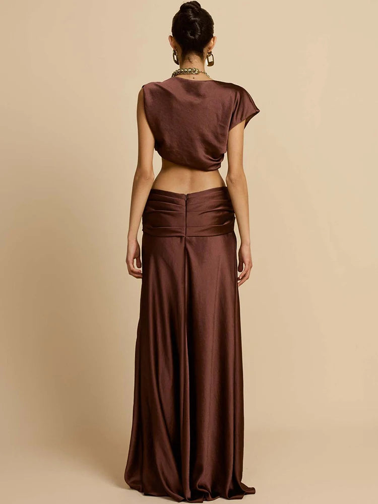 Women's Sexy Club Party Two-Piece Set Elegant Sleeveless Crop Top Maxi Skirt Matching Sets Female Ruched Two Piece Set