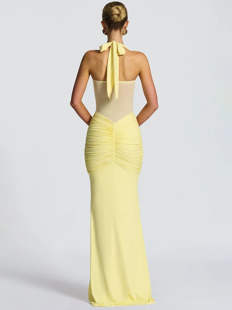 Halter Backless Sexy Maxi Dress Women Fashion Patchwork Off-shoulder Sleeveless Ruched Draped Bodycon Club Party Dress