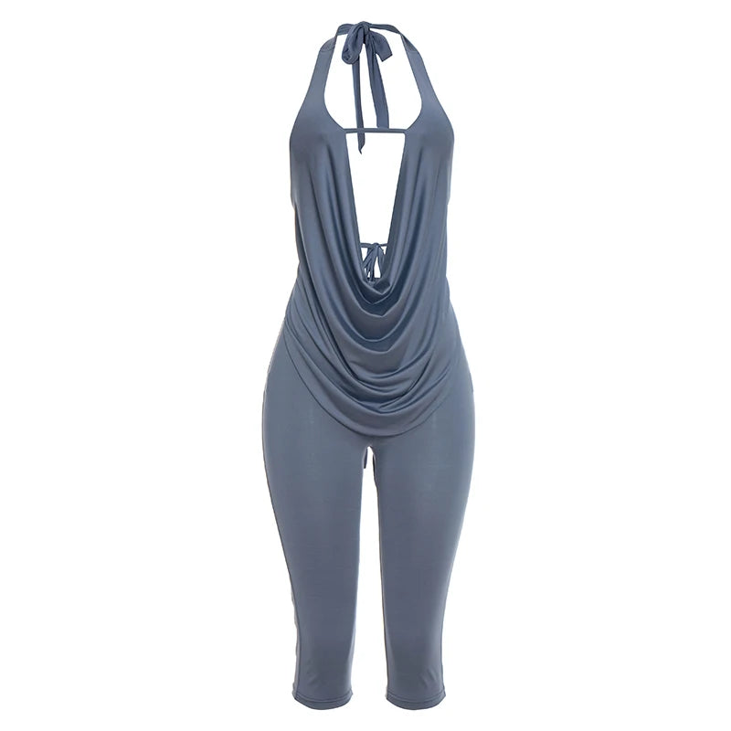 Sexy Swing Collar 2 Piece Set Women New Trend hollow Halter Bandage Sleeveless Tank Top+Mid-Length Shorts Streetwear
