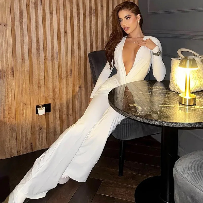 Long Sleeve Deep V Neck Ruched Flare Jumpsuit Going Out Outfit White Jumpsuits for Woman Elegant for Wedding