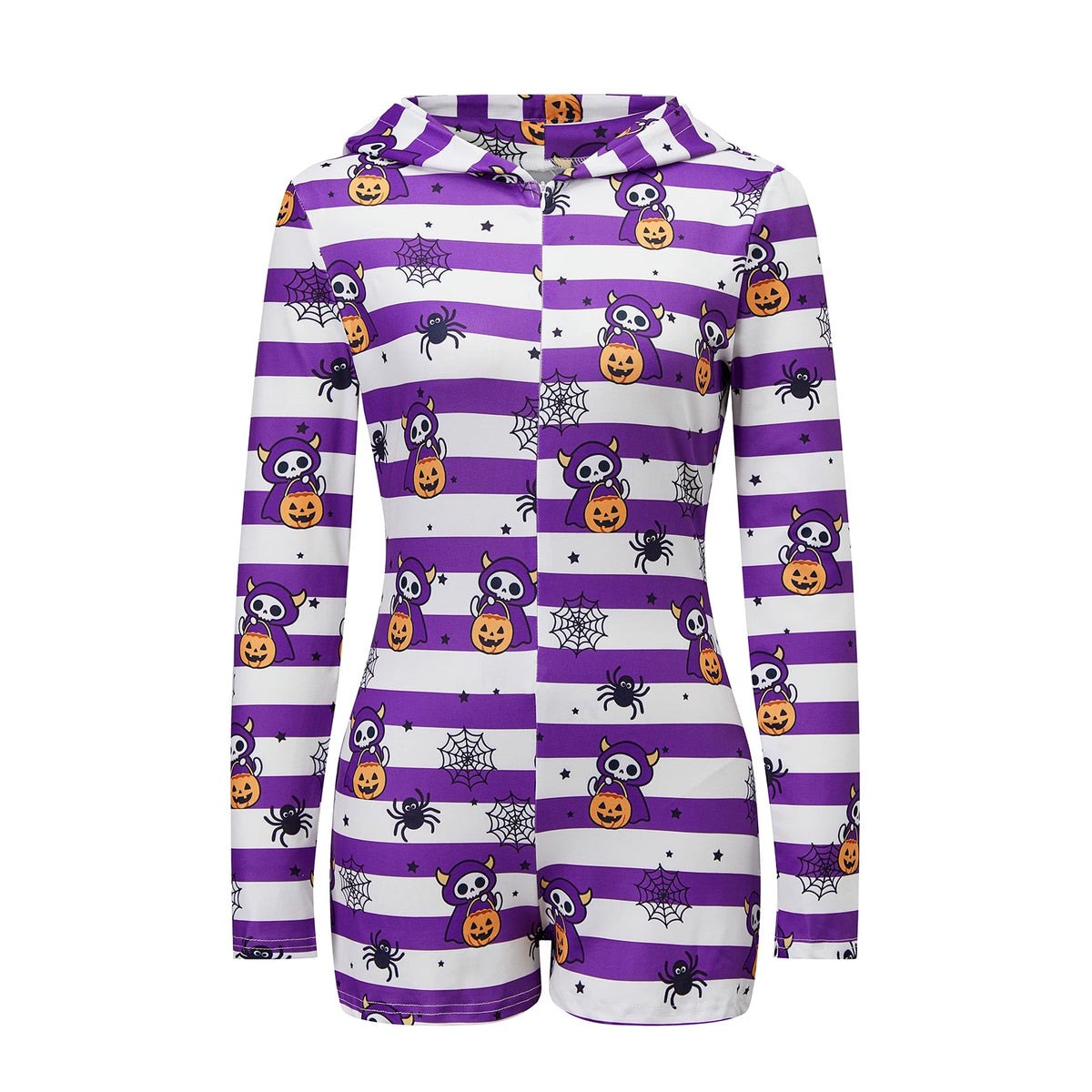 Cute Women Hooded Short Jumpsuit Striped Pumpkin Ghost Print Long Sleeve Zipper V Neck Slim Fit Party Romper