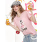 Pink Crew Neck Cute Dog with Bow Leopard Print Text Short Sleeve T-Shirt for Women