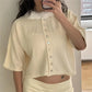 Harajuku Kawaii Furry Neck Short Sleeve Knit Crop Top Women Button Cropped Cardigan Pastel Color Soft Knit Street Outfit