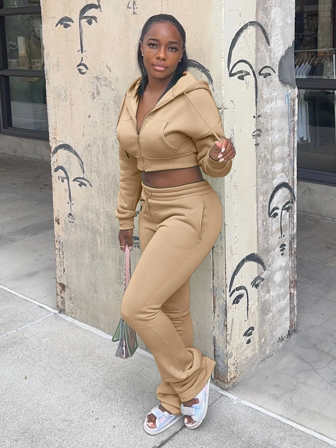 Casual Simple Women 2 Piece Set Pocket Hooded Zip Crop Jacket+Pants Sporty Matching Streetwear Skinny Basic Outfits