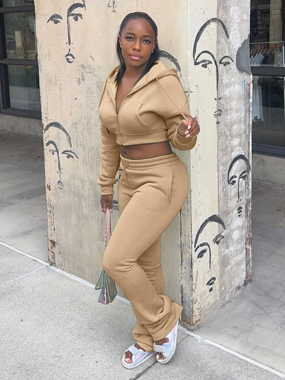 Casual Simple Women 2 Piece Set Pocket Hooded Zip Crop Jacket+Pants Sporty Matching Streetwear Skinny Basic Outfits