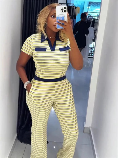 Trend Striped Print 2 Piece Set Women Casuals Color Blocking Turn Down Collar Short Sleeve T-Shirt+Pants Street Suits