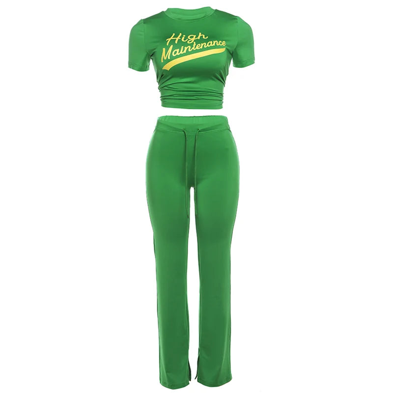 Letter Print 2 Piece Set Women Tracksuit Casual Sporty Summer Crop Tops+Pants Matching Street Tight Stretch Outfits