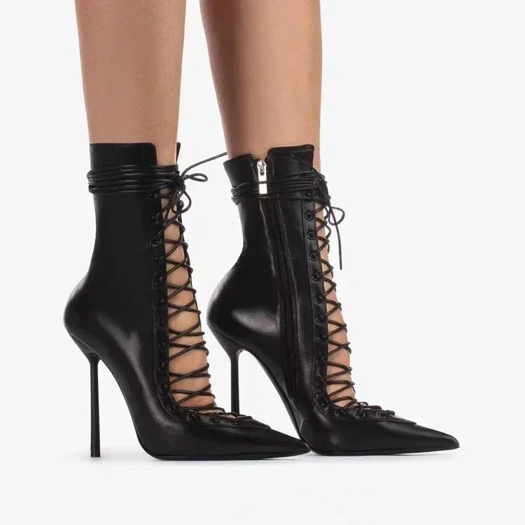 2026Spring/Summer New Lace Up Short Cool Boots Side Zipper Banquet Slimming High Heels Sexy Knee Length Women's Boots