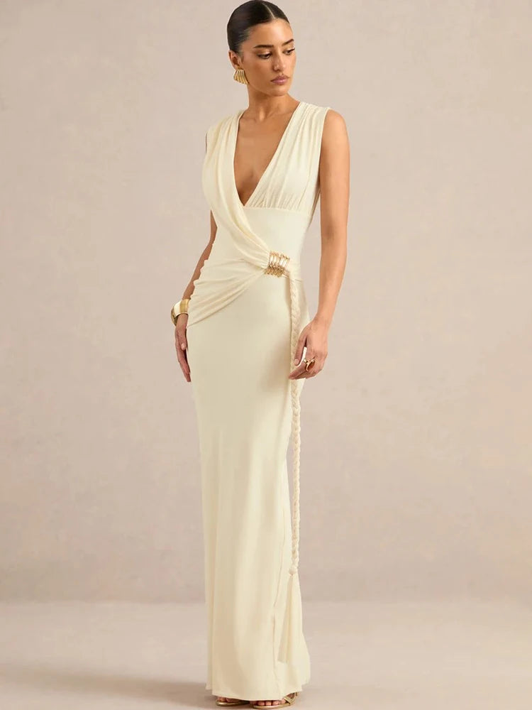 Women Deep V Neck Sleeveless Sexy Maxi Dress Wrap Ruched Bodycon Long Dress Elegant Evening Club Party Formal Gown