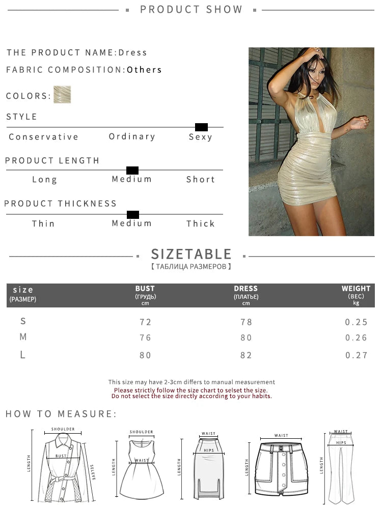 Sexy Ruched Backless Dress Women Fashion Bright Silk Metal Ring Halter Hollow Patchwork Chic Party Peach Hip Bodycon