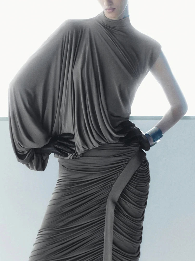 Y2K Solid Style 2 Piece Set Women Turtleneck Single Shoulder Sleeve Tops+Ruched Long Skirts Fashion Elegant Outfits