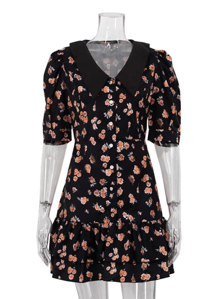 Short Sleeve Floral Mini Dress For Women Robe Turn-down Collar Elegant French Dress Ladies Fashion High Waist Dresses