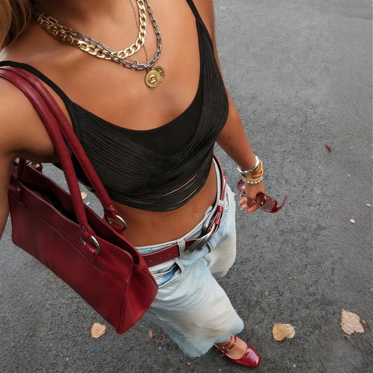Fringe Halter Crop Top Women Y2K Aesthetic Cutout Layered Sleeveless Cami Top Sexy Backless Clubwear Night OutStreetwear