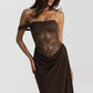 See Through Lace Spliced One Shoulder High Split Maxi Dress European Style Clothes Woman Sexy Party Dresses