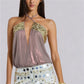 Summer Sheer Backless Tie Up Halter Camis Sequin Patchwork Split Front Crop Top Sexy Women Beach Sleeveless Shirt Vest