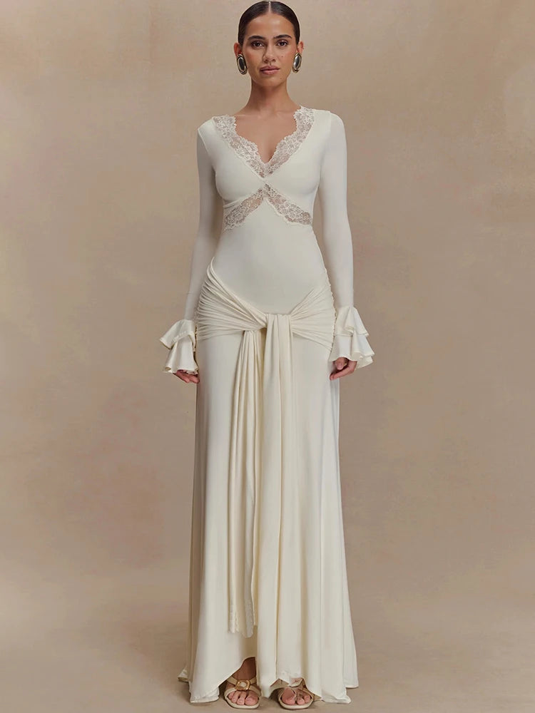 Women V‑Neck Lace Patchwork Sexy Maxi Dress Long Flare Sleeve Bodycon Mermaid Evening Dress  Party Wedding Guest Dress