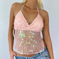 Women Sequin Halter Top Sexy Sleeveless Deep V Neck Glitter Tank Top Sparkle Backless Crop Top Summer Streetwear