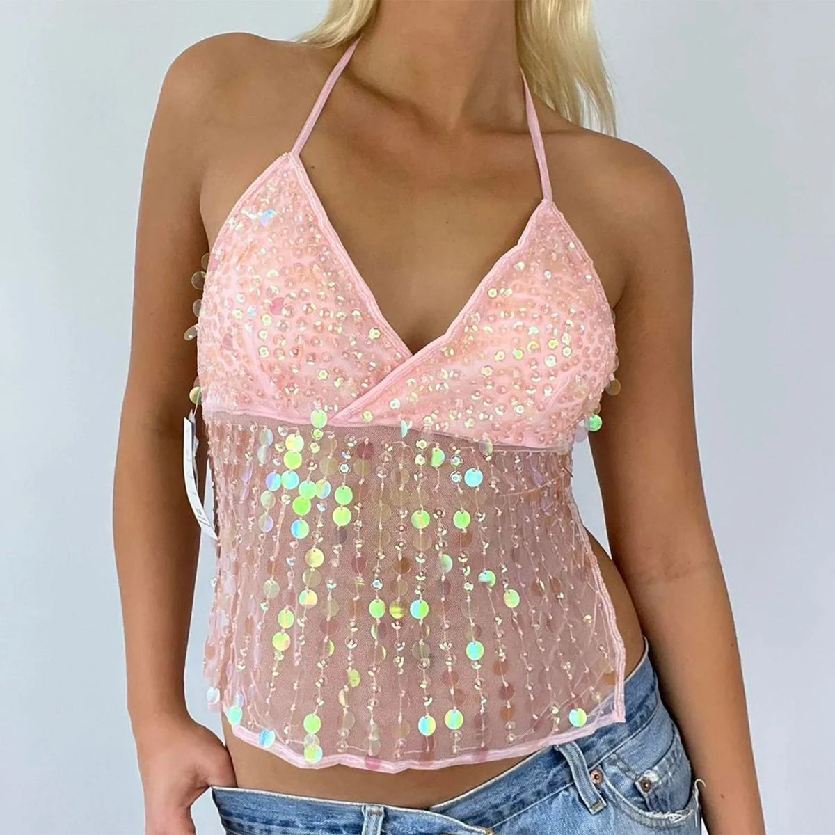 Women Sequin Halter Top Sexy Sleeveless Deep V Neck Glitter Tank Top Sparkle Backless Crop Top Summer Streetwear