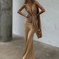Ribbon Decoration Long Dresses Woman Ruched Elegant Deep V-Neck Sleeveless Backless Street Solid Basic Classic Vestidos