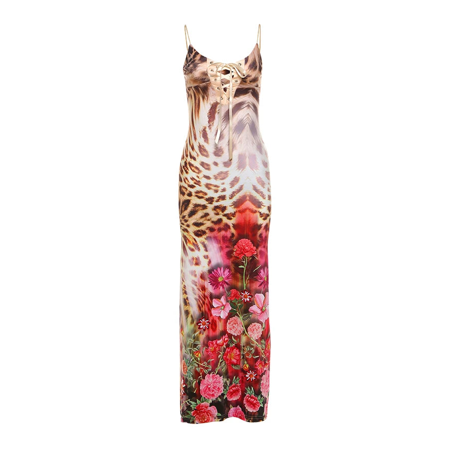 Leopard Rose Print Dress Women Low-Neck Shirring Bandage Sleeveless Summer Skinny Stretch Thin Vacation Maxi Bodycon