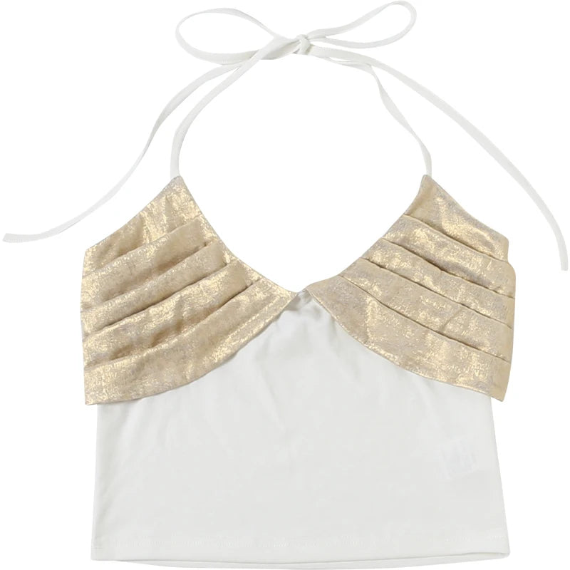 Patchwork Folds Camisole Women Halter Bandage Backless Low-Neck Folds Sexy Hottie Midnight Hip-Hop Style Streetwear