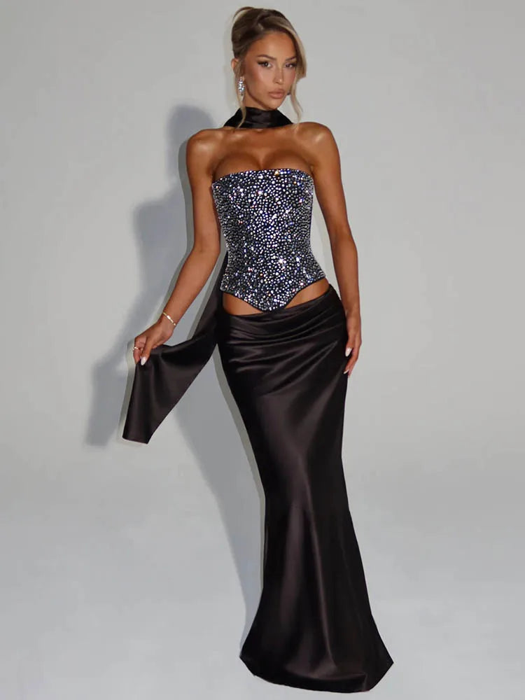 Sequins Sexy Dress Set Women Sparkle Scarf Collar Crop Tops And Maxi Skirt Elegant Club Party Satin Skirt Matching Set