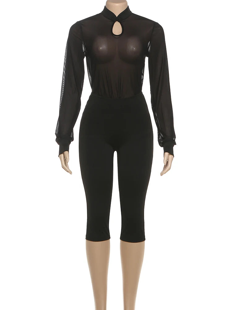 Sexy 2-Piece Set Women Stand Collar Patchwork See Through Hollow Frog Button Top+Elastic Waist Short Midnight Suits