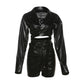 PU Hipster Leather 2 Piece Set Women Fall Trend v-Neck Cross Sash Sexy Crop Tops+Shorts Matching Streetwear Outfits