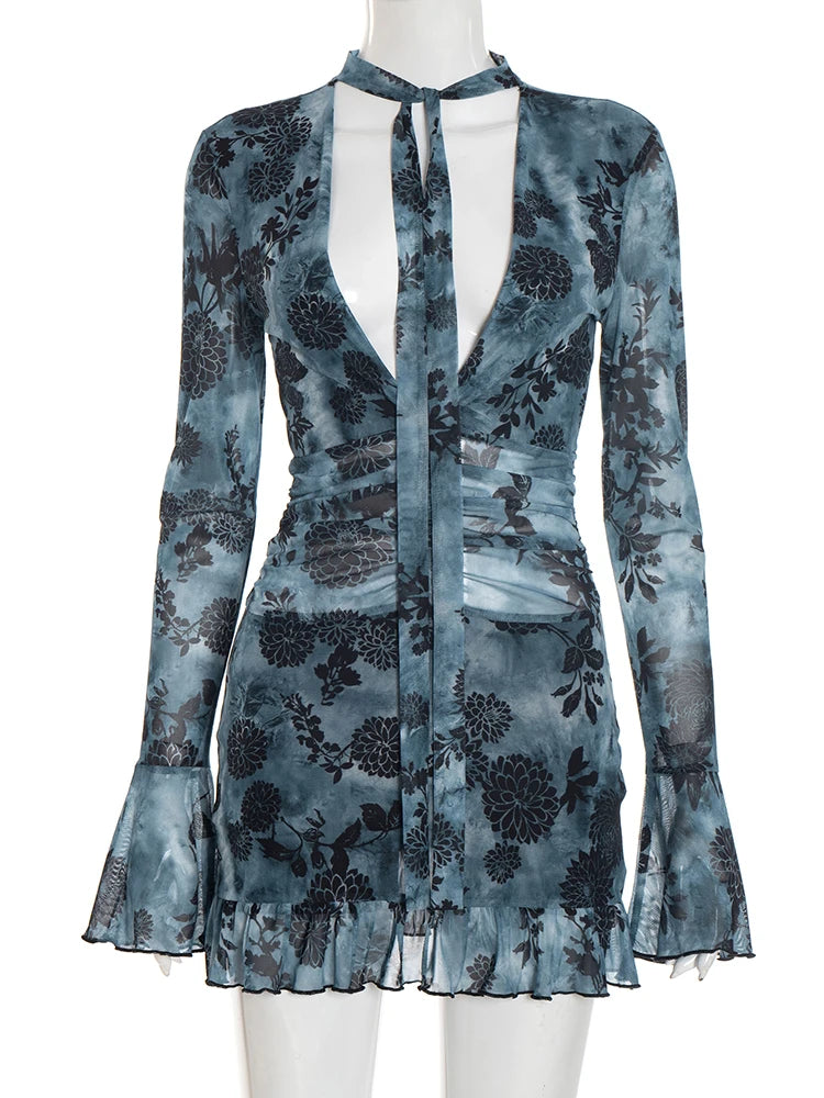 Lace-Up Sexy Plant Print Dress Women Halter Deep V-Neck Ruffle Sleeve Ruched Safety Shorts Stretch Skinny Mini Bodycon