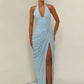 Banquet Party Elegant Backless Dress Women Sexy Fashion Halter Deep V-Neck Ruched Patchwork High Split Simple Bodycon