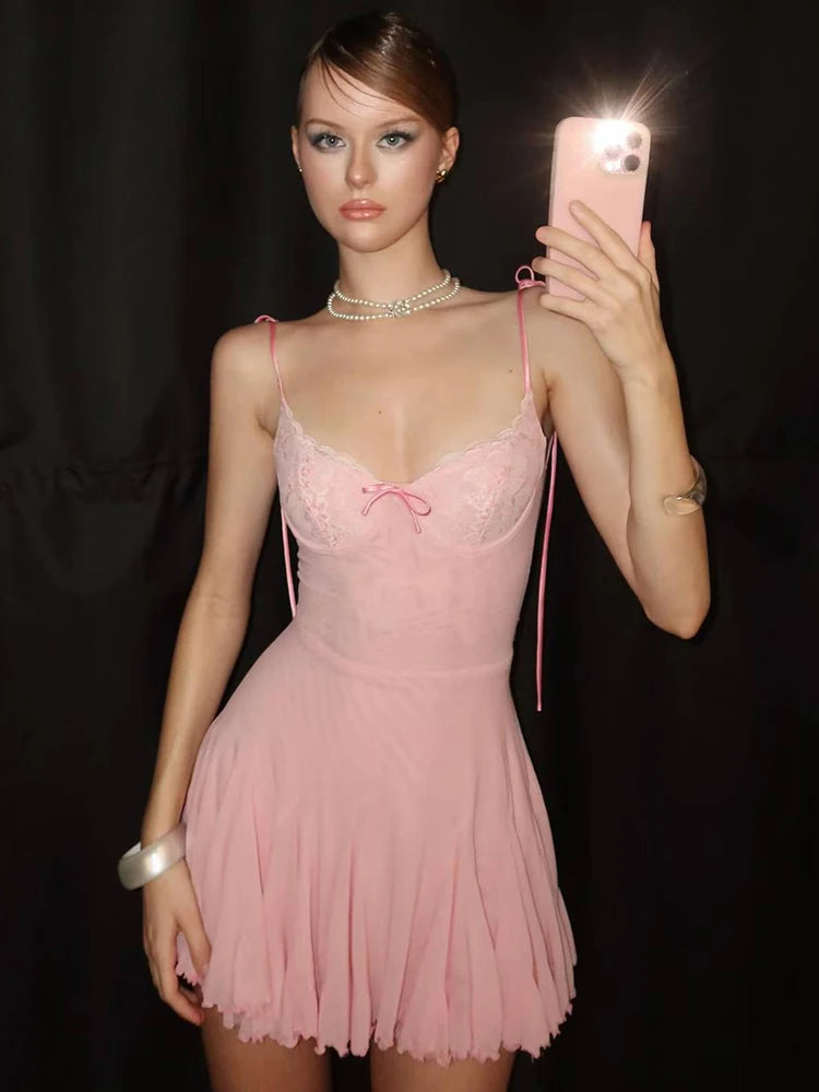 Lace Patchwork Dress Women Backless Bow Lace-Up Sleeveless Thinny Pleated Solid Midnight Clubwear Party Mini Bodycon