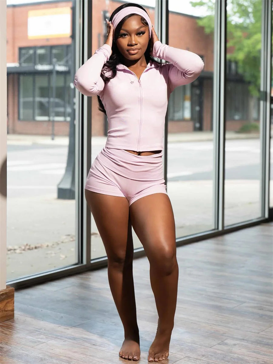 Hooded Casuals 3 Piece Set Women Simple Zip Full Sleeve Jacket+Bike Short+Headband Stretch Fashion Street Sporty Suit