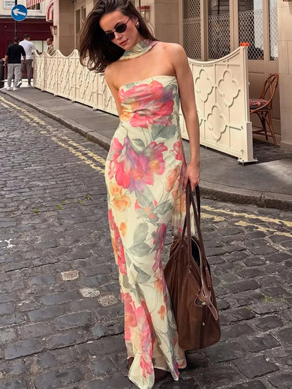 Flower Print 2 Piece Set Women Elastic Strapless Dress+Ribbon Scarf Vacation Party Elegant Fashion Stretch Vestidos