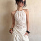 Sexy Hottie Backless Tank Top Women Trend Jacquard Patchwork Halter Sleeveless Ruched Stretch Chic Street Club Vest
