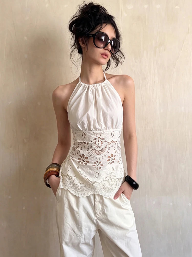 Sexy Hottie Backless Tank Top Women Trend Jacquard Patchwork Halter Sleeveless Ruched Stretch Chic Street Club Vest