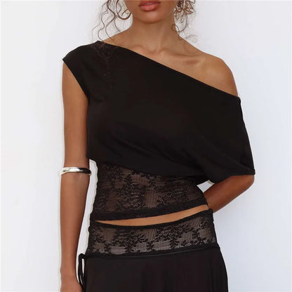 Women's Summer Tops Stylish Solid Color Floral Lace Patchwork Off One Shoulder Slim Fit Blouse for Casual Daily Wear