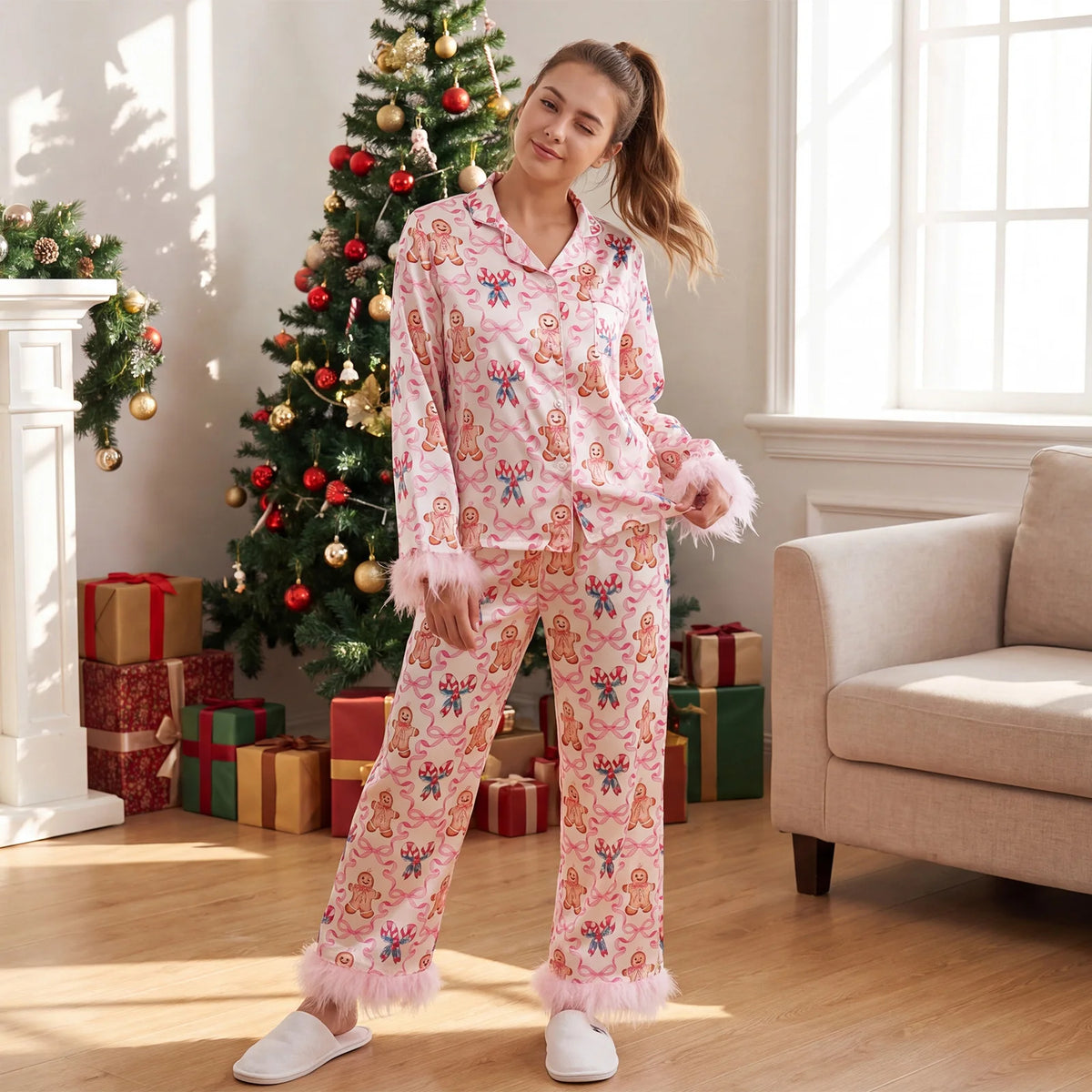Cute Christmas Women Silky Satin Pajama Set Feather Trim Cuff Long Sleeve Lapel Top Long Pants Xmas Print Sleepwear