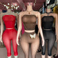 Sexy Fashion 2 Piece Set Woman Mesh See Through Wrap Chest Backless Tank Tops+Skinny Peach Hip Crop Pants Clubwear