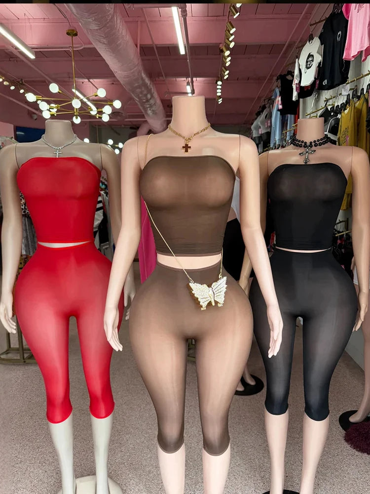 Sexy Fashion 2 Piece Set Woman Mesh See Through Wrap Chest Backless Tank Tops+Skinny Peach Hip Crop Pants Clubwear