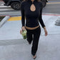 Fitted Black Long Sleeve Top with Keyhole Cutout Fashin 2026 Fall T Shirts Woman Clothing