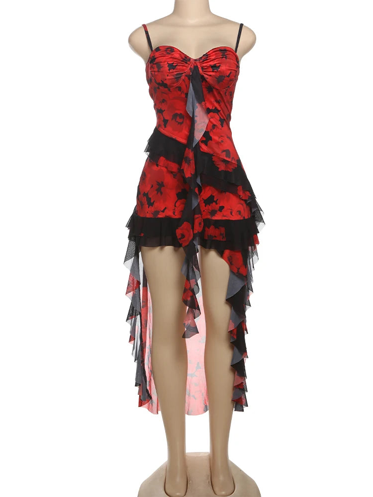 Flower Print Dress Women Y2K Irregular Ruffles Tassel Hem Low-Neck Folds Skinny Sexy Street Midnight Party Bodycon