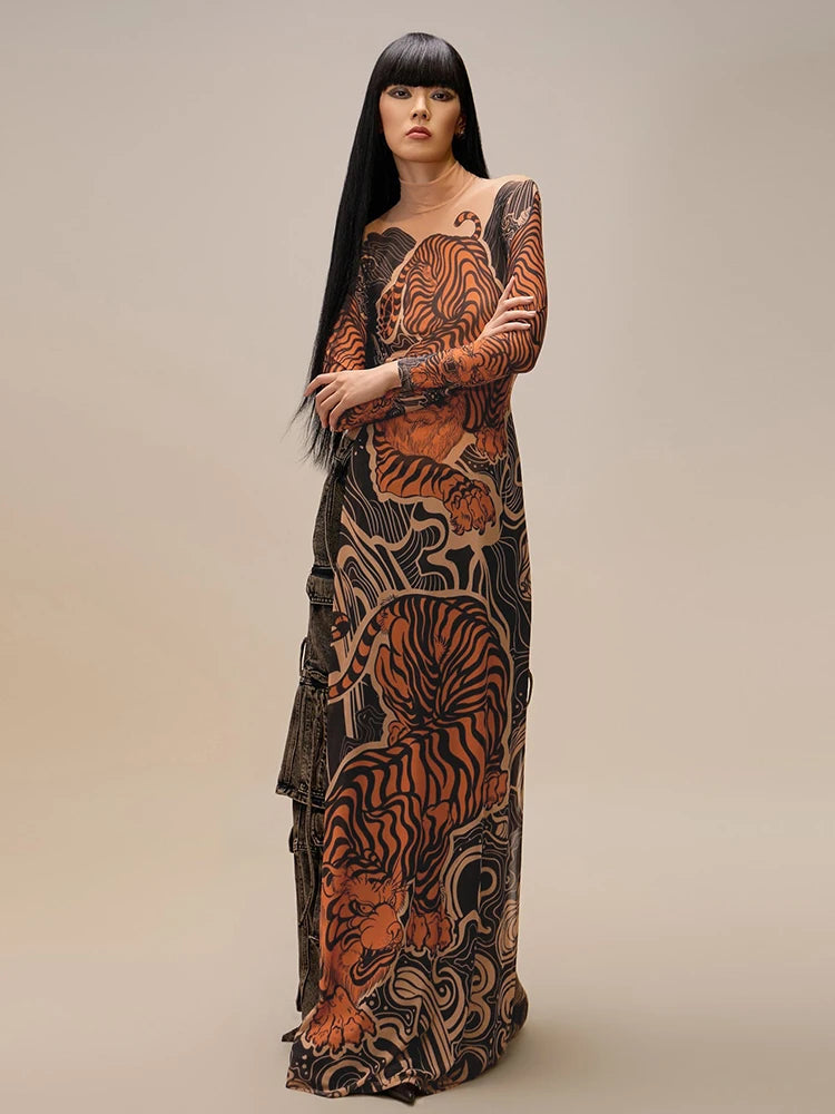 See Through T-Shirts Women Tiger Print Long Sleeve High Neck High Slits High Elastic Skinny Trend Street Hipster Tops