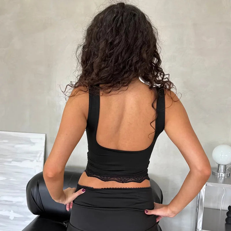 Lace Trim Sleeveless Backless Tank Tops White Black Fashion 2026 Summer Crop Tops for Woman Clothes