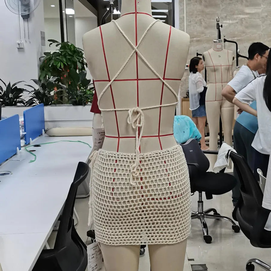 Women Y2K Crochet Mini Skirt Outfit Backless Asymmetric Hem Halter Top and Bodycon Skirt Festival Matching Set