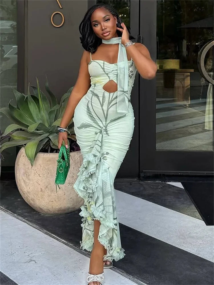 Floral Print Sling Dress+Mesh Scarf Women Sexy Hollow Sleeveless Wrap Buttocks Ruffle Hem Ruched Elegant Long Bodycon