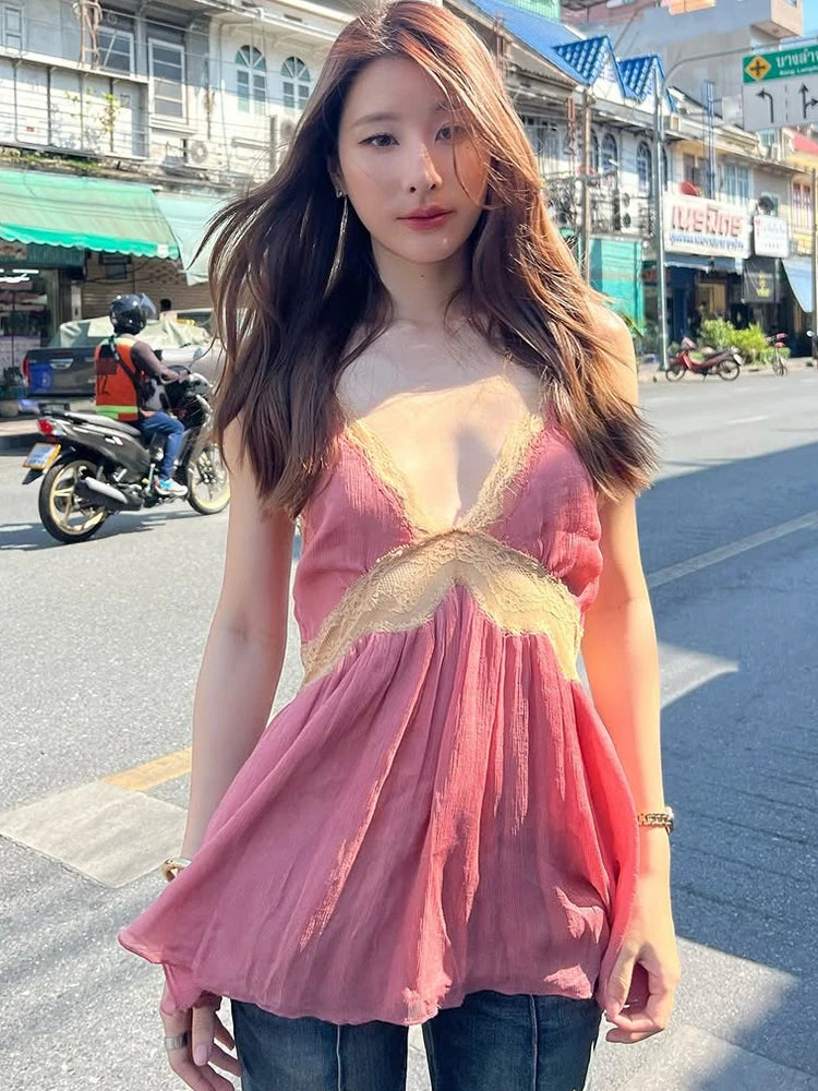 Lace Patchwork Camisole Women v-Neck Folds Sweet Style Chic Leisure Summer Fashion Music Festival Classic Streetwear